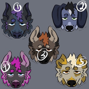 Pode incluir: Uma ilustração digital apresentando cinco retratos estilizados de cabeças de animais numerados de um a cinco. Cada personagem tem cores de pelo distintas, incluindo azul escuro, cinza, marrom, rosa e bege, com olhos expressivos.