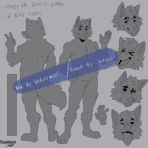 Op de afbeelding: Een grijze digitale illustratie van een furry-personage met twee lichaamstypes en verschillende hoofd- en handposities. Tekst bevat "Floppy or Pointy Ears - 2 Body Types", "Base by Skruffmutt" en "Colour by Hades".