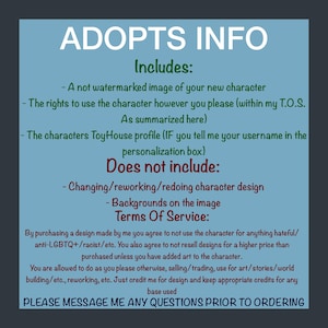 May include: A teal-colored graphic with white and green text. The text reads "ADOPTS INFO" and lists what is included and not included with the purchase of a design. Terms of service are also listed.