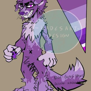 May include: A purple cartoon dog character with a spiky fur design, holding a purple object. The illustration features a color palette and text that reads "-HADES ART- DESIGN" and "BASE: BONG DAWG DESIGN: HADES ART".