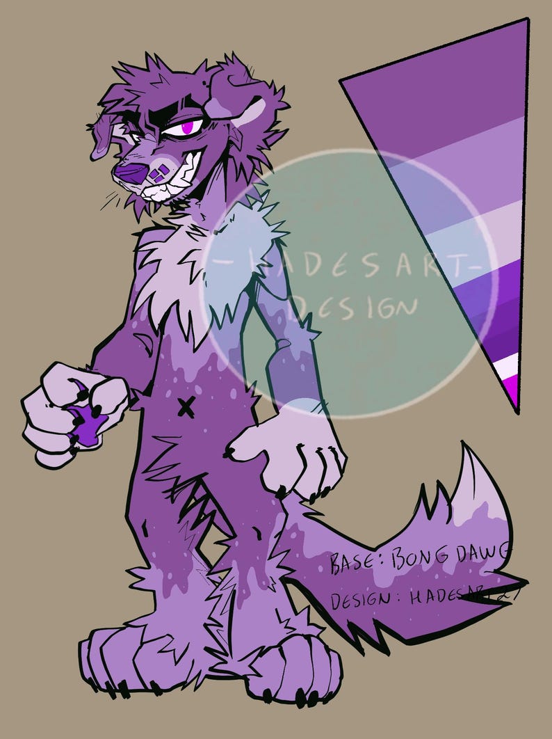 May include: A purple cartoon dog character with a spiky fur design, holding a purple object. The illustration features a color palette and text that reads "-HADES ART- DESIGN" and "BASE: BONG DAWG DESIGN: HADES ART".
