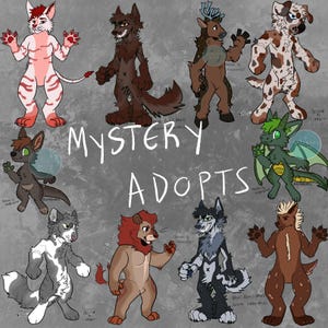 May include: A collection of ten anthropomorphic animal characters in various colors and designs. The characters include a fox, wolf, deer, dog, kangaroo, dragon, wolf, lion, wolf, and a hyena. The text "MYSTERY ADOPTS" is written in the center of the image.