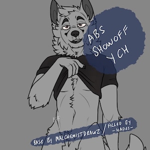 May include: A digital line art illustration of an anthropomorphic grey wolf character wearing a black t-shirt that is lifted to reveal the torso. The image includes text that reads ABS SHOWOFF YCH, BASE BY MALCHEMISTDRAWZ / FILLED BY -HADES-.