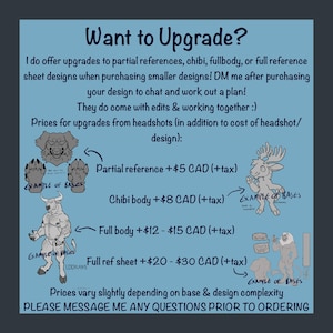 Puede incluir: Un gr&aacute;fico informativo azul claro titulado Want to Upgrade? que detalla opciones de servicios de dise&ntilde;o. Incluye ejemplos de arte lineal de una cabeza canina, una criatura chibi, una figura de toro musculoso y un le&oacute;n, etiquetados como bases.