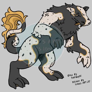 May include: A digital illustration of a creature with dark gray and white spotted fur, a long golden-yellow tail, and sharp tusks. The artwork includes the text Base by DogBoyz and Design by Hades Art 27, presented in a clear, graphic art style.