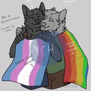 Puede incluir: Una ilustración digital de dos personajes antropomórficos tipo lobo abrazándose. Uno es gris oscuro y el otro gris claro. Sostienen una bandera con rayas rosas, blancas y azules, y una bandera arcoíris, ambas con etiquetas de texto descriptivas.