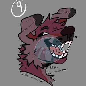 Puede incluir: Una ilustraci&oacute;n digital de un personaje canino de pelaje granate con una amplia sonrisa de dientes. El dibujo presenta el n&uacute;mero 9 en un c&iacute;rculo, una marca de agua HADESART DESIGNS y el texto BASE: Mr Cheeseman y DESIGN: Hadesart27.