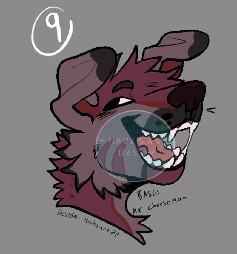 Puede incluir: Una ilustraci&oacute;n digital de un personaje canino de pelaje granate con una amplia sonrisa de dientes. El dibujo presenta el n&uacute;mero 9 en un c&iacute;rculo, una marca de agua HADESART DESIGNS y el texto BASE: Mr Cheeseman y DESIGN: Hadesart27.