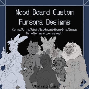 Op de afbeelding: Digitale illustratie met diverse antropomorfe dierontwerpen. De tekst bovenaan luidt "Mood Board Custom Fursona Designs". De afbeelding bevat een konijn, een vos, een vleermuis, een knaagdier, een hyena, een dino en een draak. De tekst onderaan luidt "All on various bases."