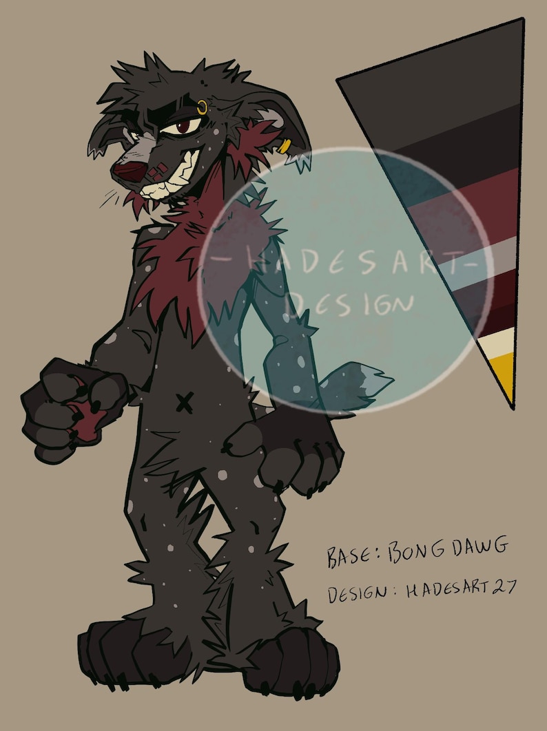 May include: Illustration of a cartoon dog-like character with a dark gray body, red accents, and white spots. The character has a menacing expression, with text that reads "-HADES ART- DESIGN" and "BASE: BONG DAWG DESIGN: HADESART 27".