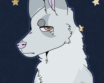 May include: A digital illustration of a light grey wolf with brown eyes and a pink nose, set against a dark blue background featuring scattered gold-coloured stars. The wolf has a serious expression and a small star-shaped mark under one eye.