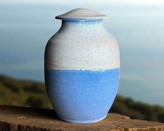 Tranquil Tide Porcelain Cremation Urn – 165 cu in Handmade Adult Funeral Memorial Urn – Satin to Glossy Blue & Ivory Urn