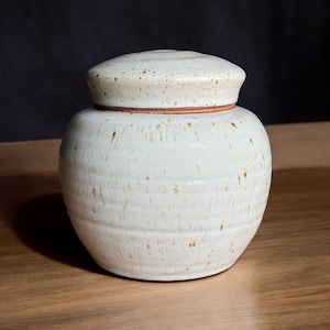 Op de afbeelding: Een ronde keramische pot met bijpassend deksel, voorzien van een gespikkeld gebroken wit glazuur over een lichte klei. De pot heeft een brede, bolvormige body met subtiele horizontale ribbels aan de buitenkant en een zichtbare bruine kleirand.