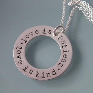 Love is Patient - 1 Corinthians 13 stamped sterling silver washer pendant necklace