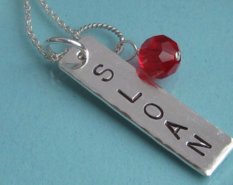 Simple Stamped Bar Pendant Necklace in Sterling silver with birthstone dangle