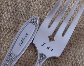 Vintage Antique Upcycled I Do & Me too Mr./Mrs. DATE ON HANDLES  Wedding or Anniversary Silver plated Hand Stamped Cake Dessert Fork Set