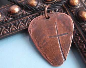Ol' Rugged Cross Heavy COPPER or BRONZE Guitar Pick Style with Men's Necklace-Cross ONLY with cord, no personalization on front or back