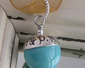 SOMETHING BLUE-New Robin's egg blue color- Custom Handstamped wedding bridal bouquet charm- Fits European style charm bracelet