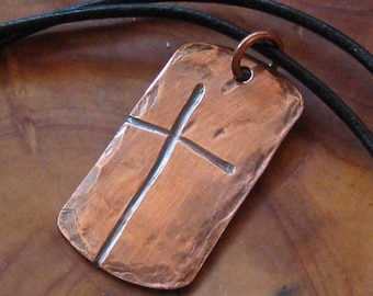 Ol' Rugged Cross Dog Tag Style Men's Copper Necklace