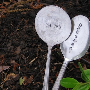 Set of 2 Upcycled Herb Garden Markers - Made from vintage silverplate spoons and Hand stamped to order