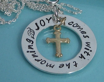 JOY Comes With The Morning handstamped pendant necklace-mixed metal