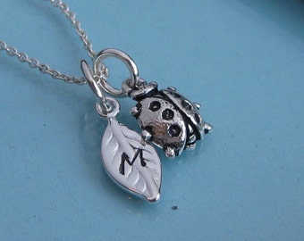 My Little Lady Bug with sterling leaf initial tag -  Mother's necklace