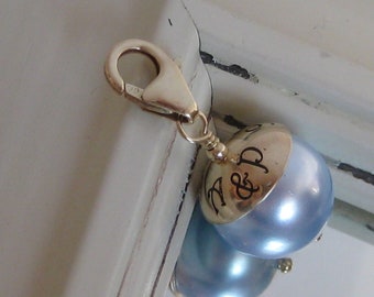 SOMETHING BLUE- Hand Stamped Custom Wedding Bouquet Charm- Yellow or Rose GOLD with clasp, can fit Large Hole Charm Bracelet