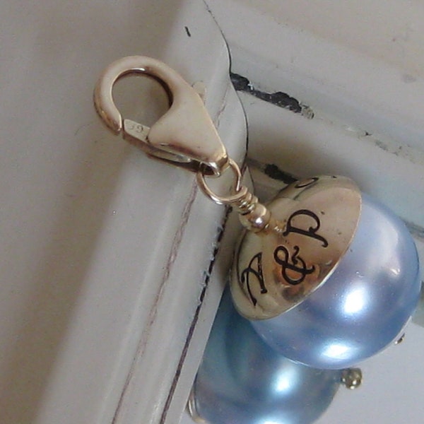 SOMETHING BLUE- Hand Stamped Custom Wedding Bouquet Charm- Yellow or Rose GOLD with clasp, can fit Large Hole Charm Bracelet