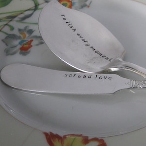 Spread The Word Vintage Upcycled Set of 2 Personalized Silverplated Hand Stamped Cheese Spreader and H'ordeuvre Dip Spoon image 1