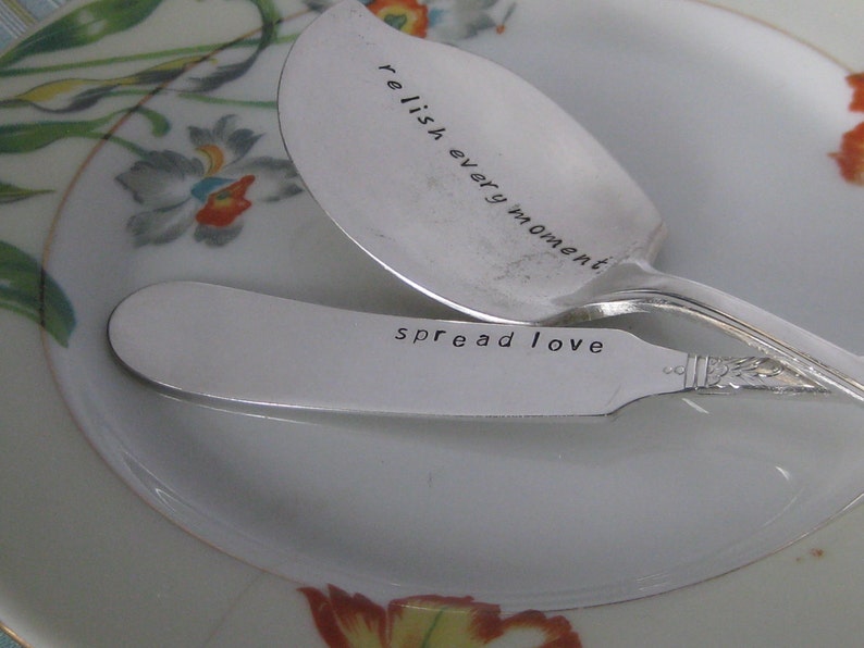 Spread The Word Vintage Upcycled Set of 2 Personalized Silverplated Hand Stamped Cheese Spreader and H'ordeuvre Dip Spoon image 1