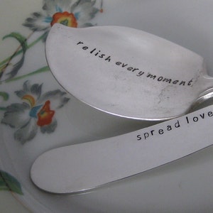 Spread The Word Vintage Upcycled Set of 2 Personalized Silverplated Hand Stamped Cheese Spreader and H'ordeuvre Dip Spoon image 2