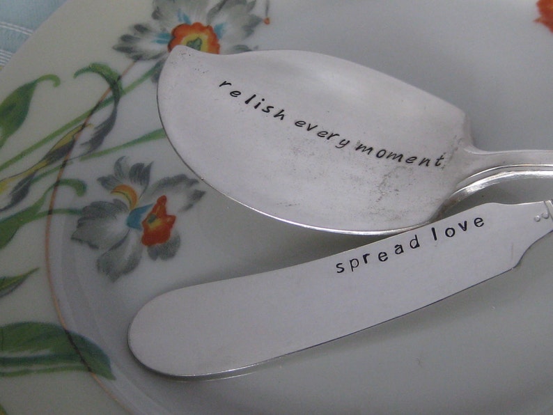 Spread The Word Vintage Upcycled Set of 2 Personalized Silverplated Hand Stamped Cheese Spreader and H'ordeuvre Dip Spoon image 2