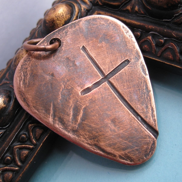 Ol' Rugged Cross Heavy COPPER or BRONZE  Guitar Pick Style Men's Necklace