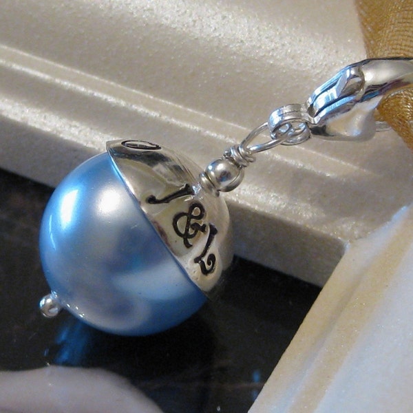 SOMETHING BLUE- Custom Hand stamped wedding bouquet charm with lobster clasp