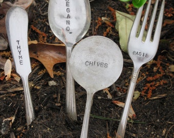 Set of four Upcycled Herb Garden Markers - Made from vintage silverplate flatware and Hand stamped to order