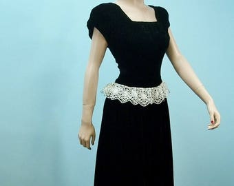1940s Velvet Gown . Vintage Lace Peplum Long Dress .