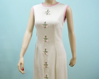 Vintage 1960s White Shift Dress . Pink Ribbon Roses & Embroidery . Minx Modes Dress . S M