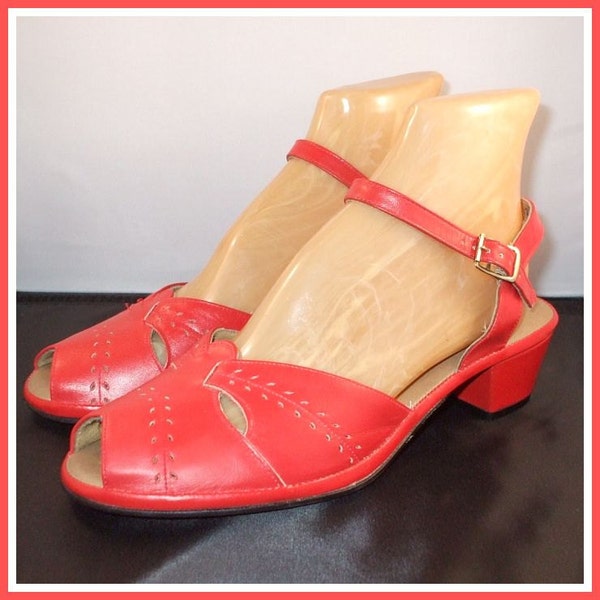 Vintage 70s 40s Shoes / Red Peep Toes / Pinup 40s Style / NOS / Sz 8.5