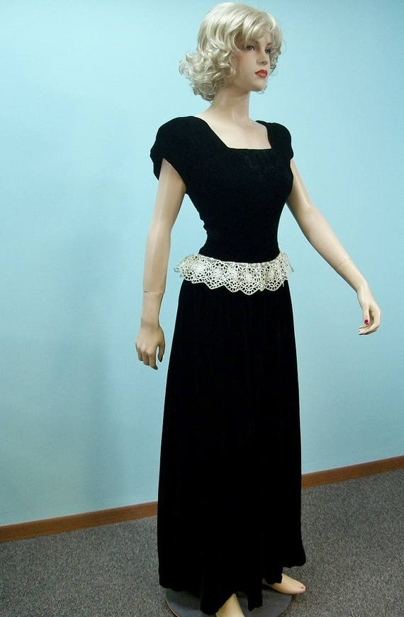 1940s Velvet Gown . Vintage Lace Peplum Long Dress