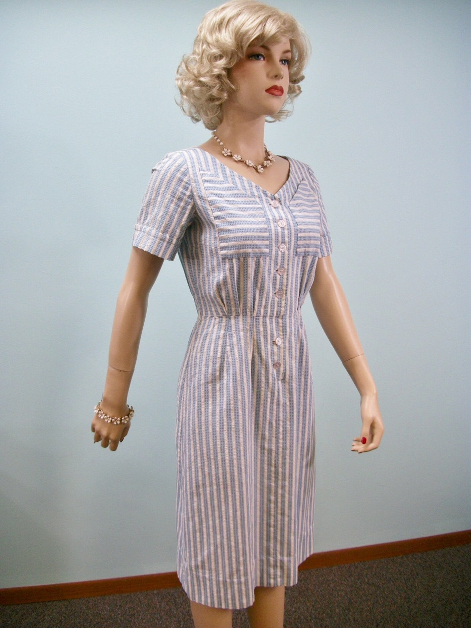 Vintage 50s Dress . Blue Seersucker Dress With Unusual Pockets Etsy