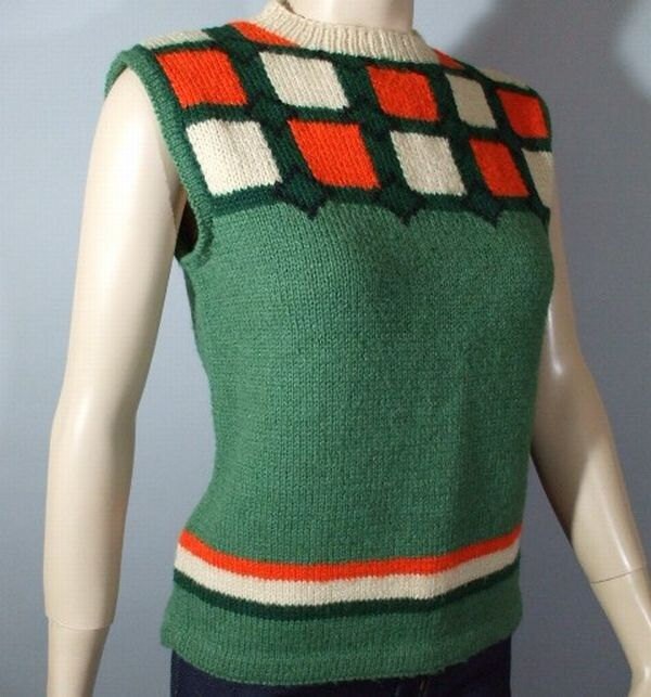 60s Intarsia Knit Sweater / Sleeveless Vest / Green Orange & - Etsy