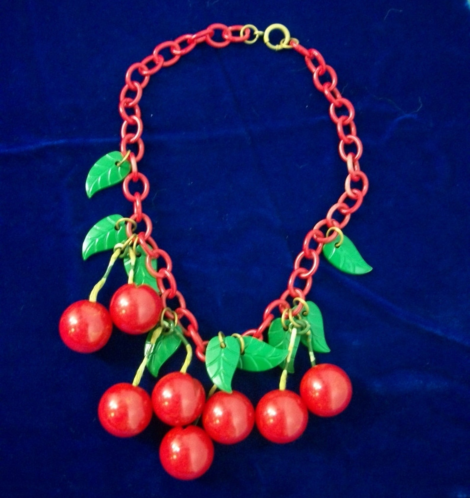 Bakelite Cherry Necklace 1930s / Celluloid Leaves and Chain Etsy