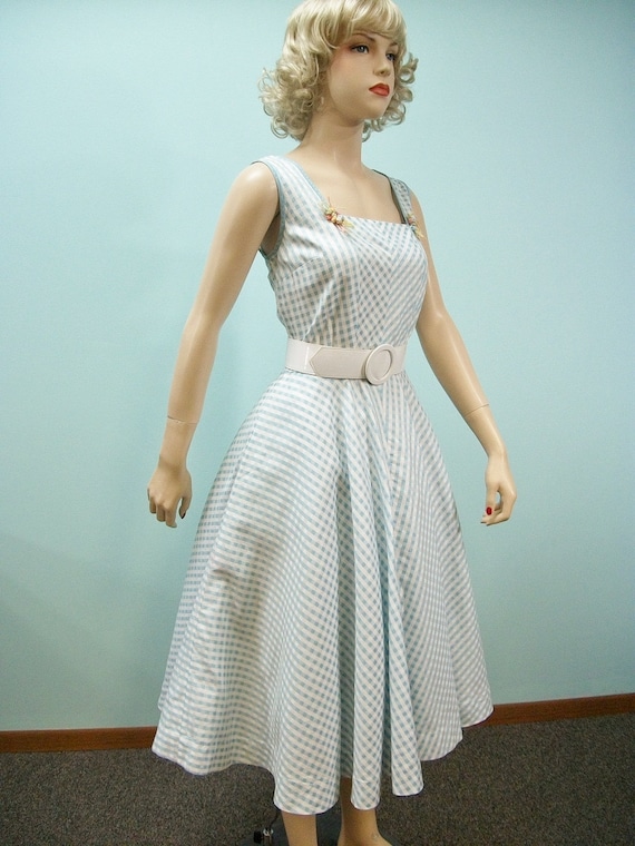1950s 1960s Sun Dress . Vintage Blue Checked Dress