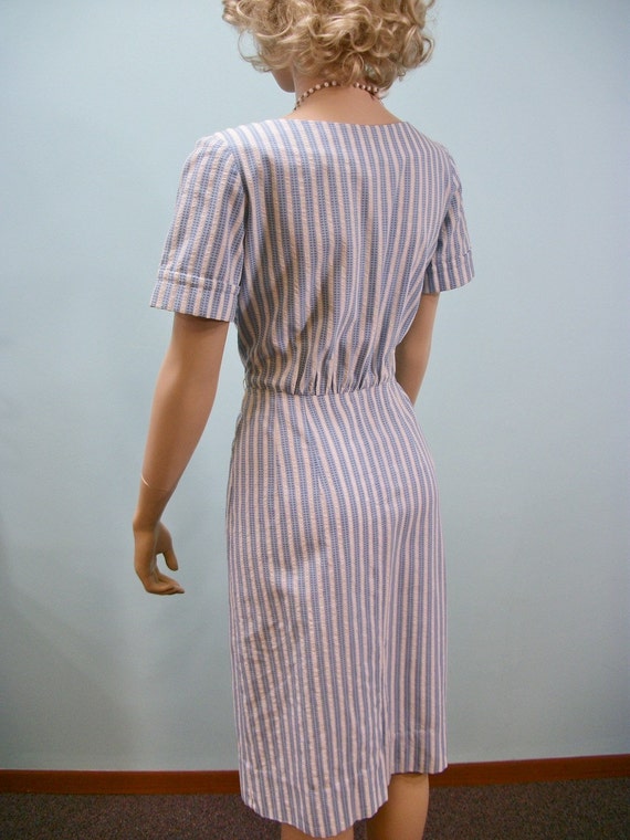 Vintage 50s Dress . Blue Seersucker 
