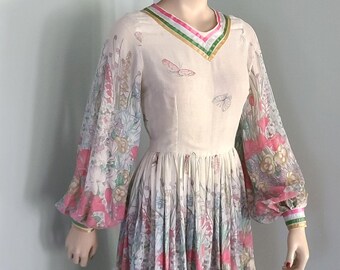 1960s Floral Butterfly Print Dress: Vintage Full Skirt, Ribbon Trim