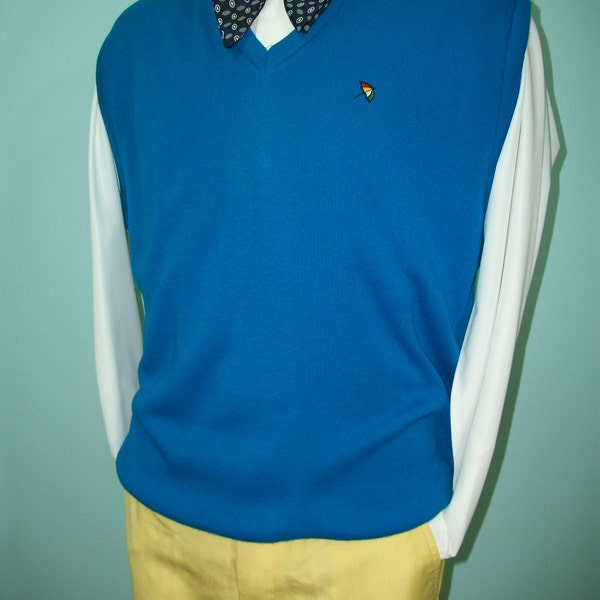 Vintage 60s Men's Sweater Vest / Peacock Blue Fine Gauge Knit Vest / L