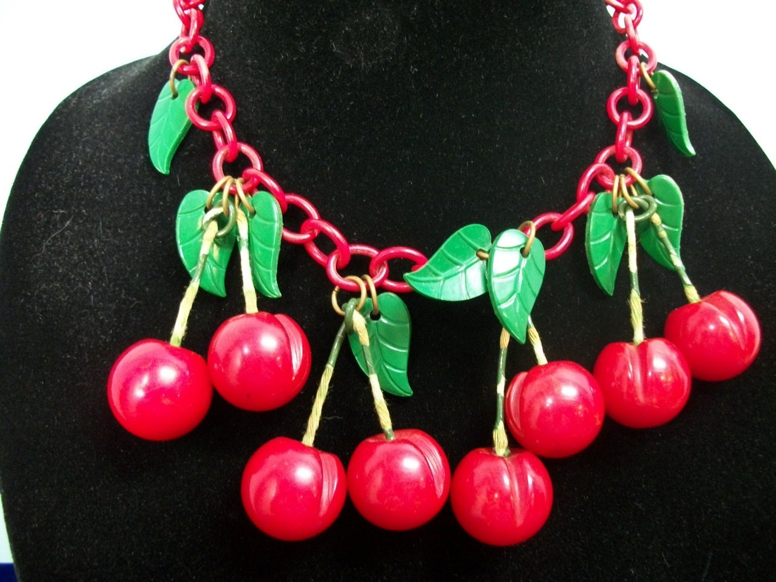 Bakelite Cherry Necklace 1930s / Celluloid Leaves and Chain Etsy