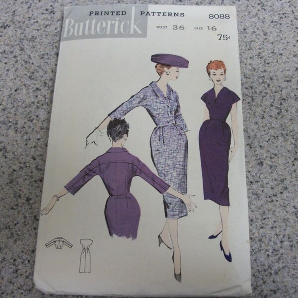 1950s Vintge BUTTERICK Pattern Fitted Dress & Jacket 8088 / Bust 36