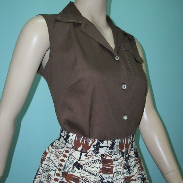 Vintage 50s 60s Blouse / Brown Sleeveless Rockabilly Blouse / S M