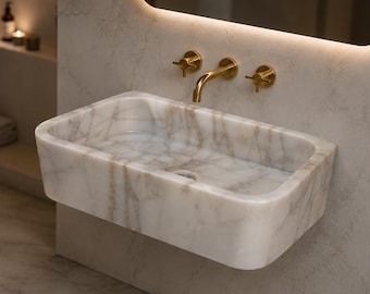 Waschbecken aus Calacatta-Gold-Marmor – Handgefertigtes, wandmontiertes Natursteinbecken